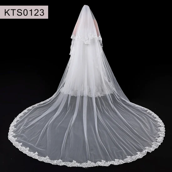 White 3D Flowers Ivory Church 3.5m Length 2 Layer Soft Wedding Veil