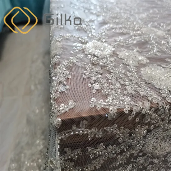 White Elegant Beads Embroidery Lace Fabrics with Sequins Tulle Fabrics for Wedding Dresses