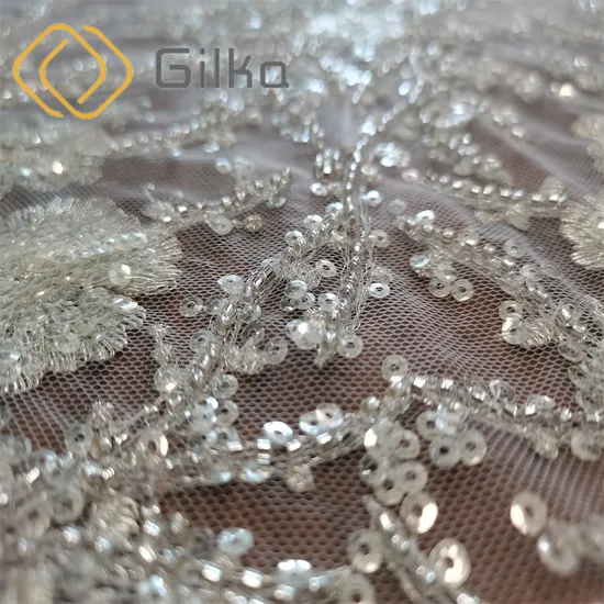 White Elegant Beads Embroidery Lace Fabrics with Sequins Tulle Fabrics for Wedding Dresses