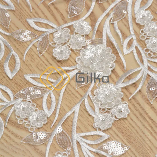 White Shinny Sequin Embroidery Bridal Applique Lace Fabric for Wedding Dresses