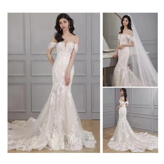 off-Shoulder Mermaid Tail Lace Tulle Cap Sleeves Wedding Dress for Bridal