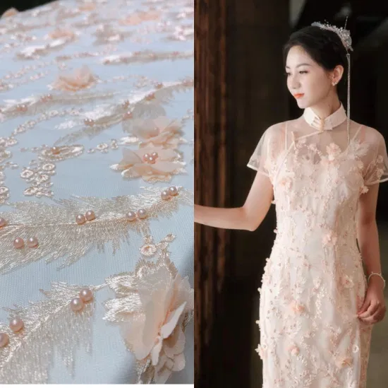 3D Flower Embroidery Blush Pink Lace Fabrics with Rinestone for Couture Dresses and Quinceanera