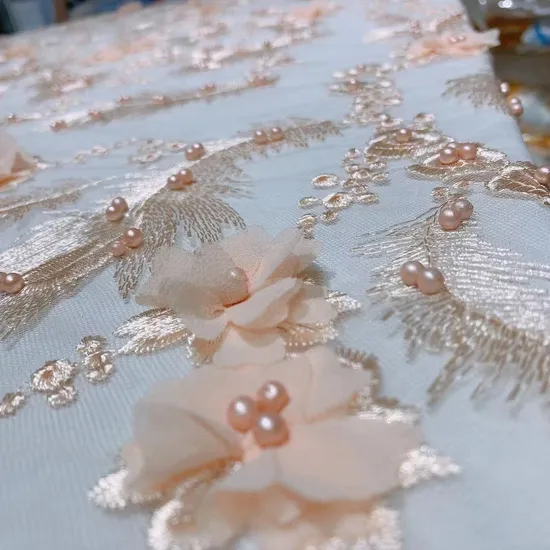 3D Flower Embroidery Blush Pink Lace Fabrics with Rinestone for Couture Dresses and Quinceanera