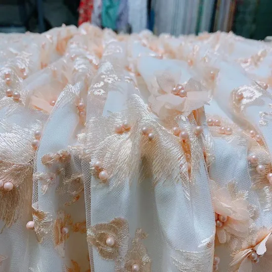 3D Flower Embroidery Blush Pink Lace Fabrics with Rinestone for Couture Dresses and Quinceanera