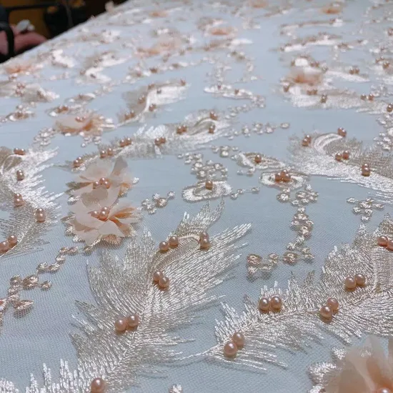 3D Flower Embroidery Blush Pink Lace Fabrics with Rinestone for Couture Dresses and Quinceanera