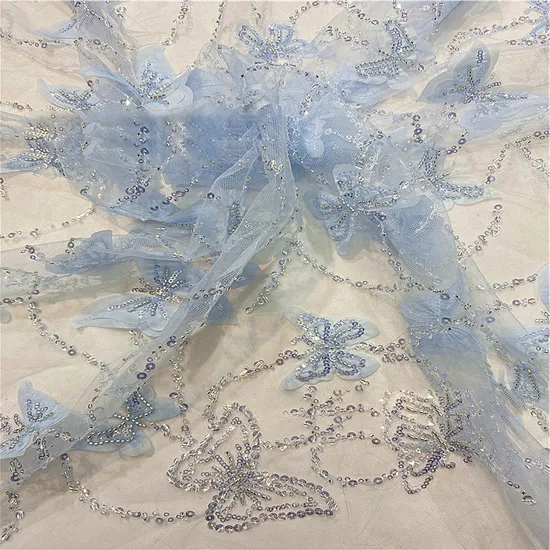 Butterfly Design Mesh Fabric Bead Tube 3D Embroidered Polyester Lace Fabric