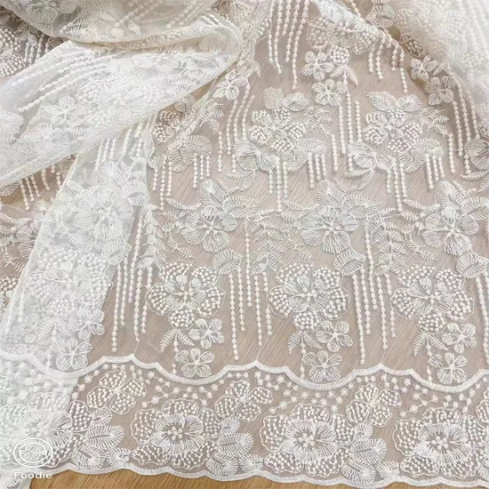 Cotton Thread Apricot Colored Organza Lace Embroidered Fabric for Curtain