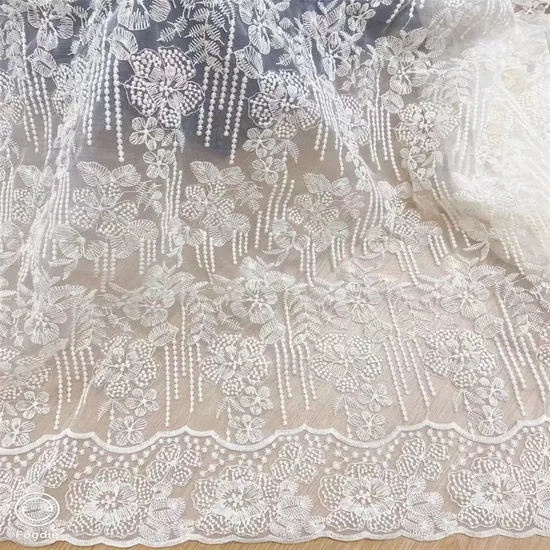 Cotton Thread Apricot Colored Organza Lace Embroidered Fabric for Curtain