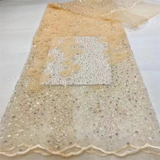 Elegant 3D Flower Embroidery Lace Fabrics with Sequins for Wedding Dresses and Party Dresses