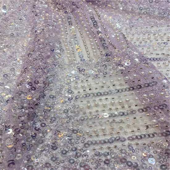 Fantasy Fairy Purple Bead Sheet Bubble Bead Tube Embroidered Evening Dress Fabric