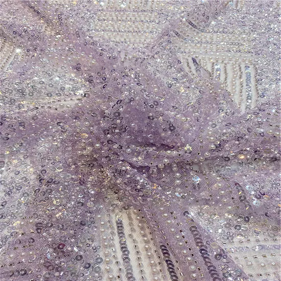 Fantasy Fairy Purple Bead Sheet Bubble Bead Tube Embroidered Evening Dress Fabric