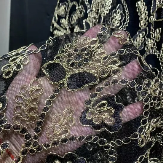 Fashion Computer Embroidery Mesh Black Gold Lace Fabric for Bridal