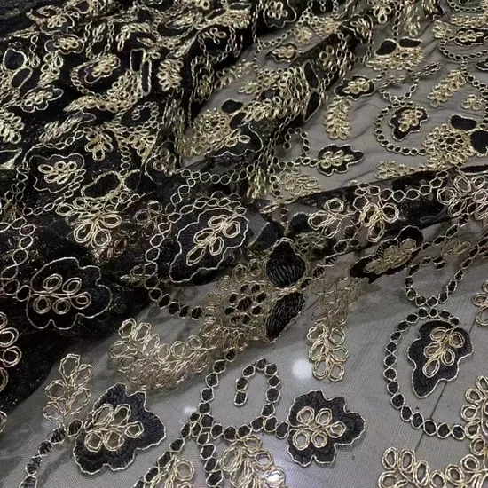 Fashion Computer Embroidery Mesh Black Gold Lace Fabric for Bridal