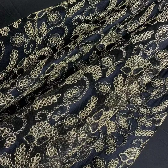 Fashion Computer Embroidery Mesh Black Gold Lace Fabric for Bridal