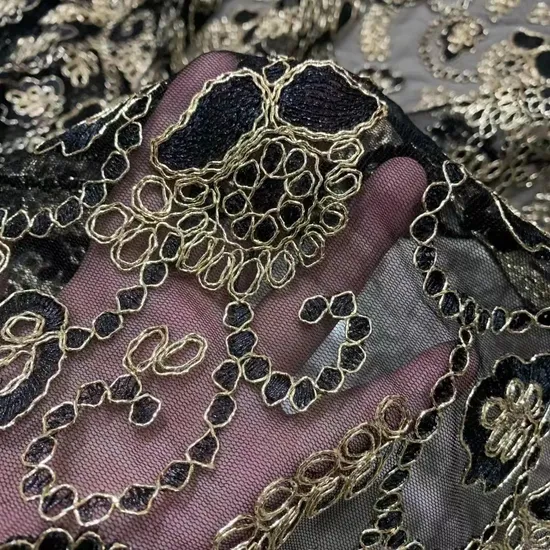 Fashion Computer Embroidery Mesh Black Gold Lace Fabric for Bridal