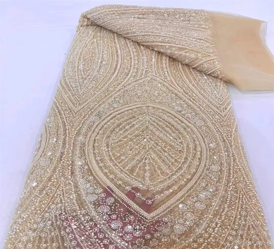 French Heavy-Duty Bead Sequin Tube Embroidered Lace Fabric for Wedding Evening Dress