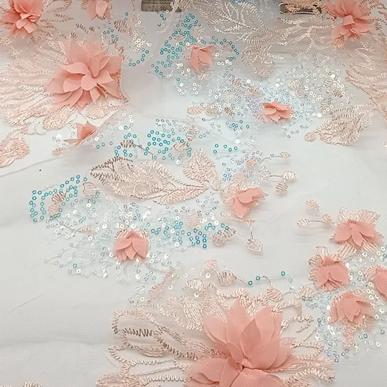 Handmade Flower Design Bead Sequin Mesh Embroidered Lace Fabric