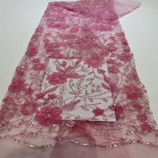 Handmade Pearl Tube 3D Embroidery Mesh Floral Lace Fabric for Evening Dress