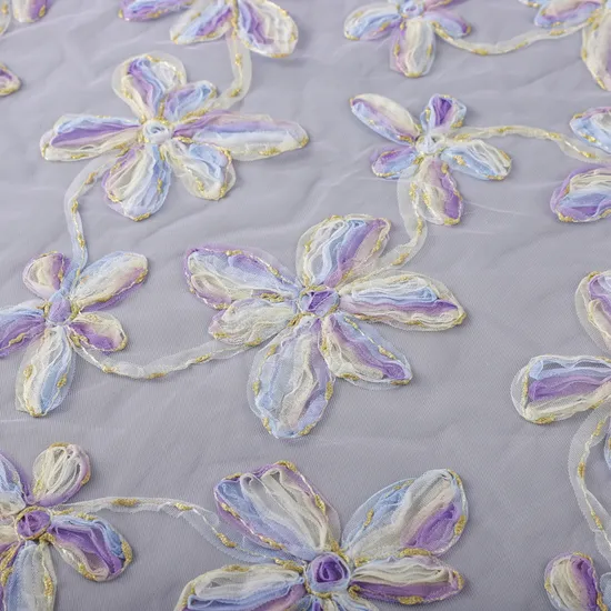 Multi Color Bright Bauhinia Flower Mesh 3D Embroidered Fabric for Dress