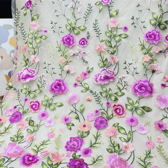 New Stock Mesh Material 3D Rose Embroidered Fabric for DIY Fashion Dress