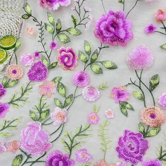 New Stock Mesh Material 3D Rose Embroidered Fabric for DIY Fashion Dress