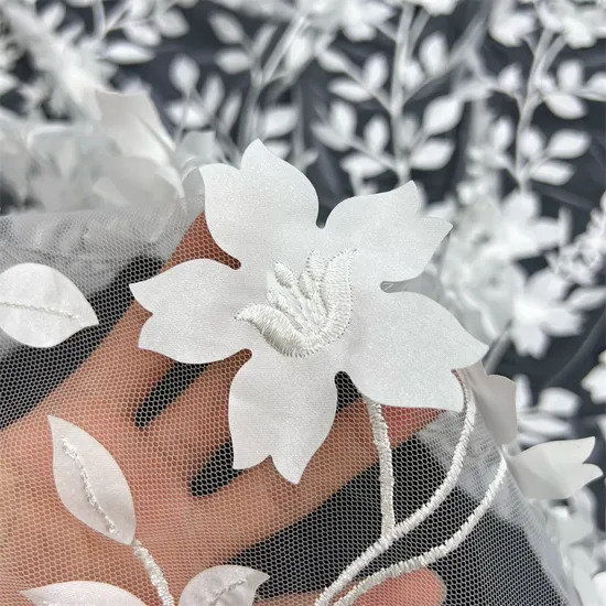 New White Laser Chiffon Flower 3D Embroidery Mesh Lace Fabric for Curtain