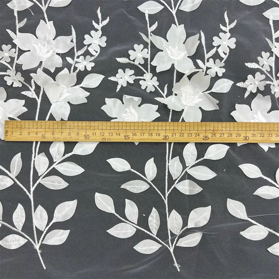 New White Laser Chiffon Flower 3D Embroidery Mesh Lace Fabric for Curtain