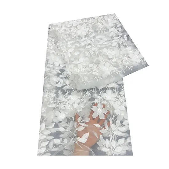 New White Laser Chiffon Flower 3D Embroidery Mesh Lace Fabric for Curtain