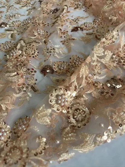 OEM Factory Price 3D Embroidery Sequin Bead Lace Fabric  for Garment Dress