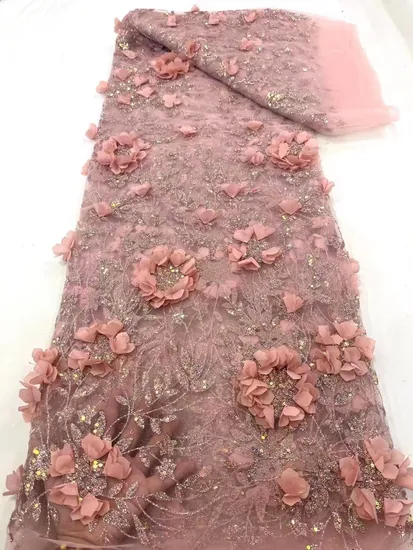 Powder Sequin Lace 3D Flower Embroidered Textile Fabric for Wedding Party Dress