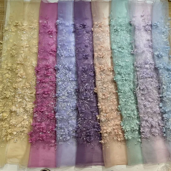 Wholesale 3D Flower Sequin Beaded Tulle Embroidery Lace Fabric for Garment Dress