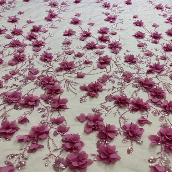 Wholesale 3D Flower Sequin Beaded Tulle Embroidery Lace Fabric for Garment Dress