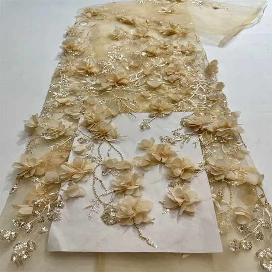 Wholesale 3D Flower Sequin Beaded Tulle Embroidery Lace Fabric for Garment Dress