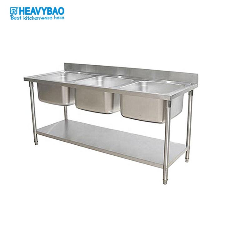 Heavybao 180CM Length Commercial Hot Selling Triple Bowl Kitchen Sink Table/Working Table With Sink/Sink Table With Under Shelf