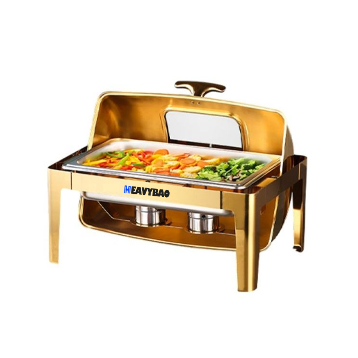 Heavybao 9 Liter Chaffing Dishes Buffet Set Chaffing Dish Food Warmer Stainless Steel Gold Color Chaffing Dishes Buffet Catering