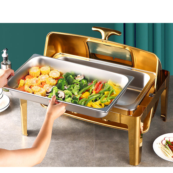 Heavybao 9 Liter Chaffing Dishes Buffet Set Chaffing Dish Food Warmer Stainless Steel Gold Color Chaffing Dishes Buffet Catering