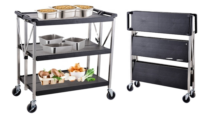 Heavybao Catering Equipment Stainless Steel Foldaing Serving Trolley Cart Strong Tube Used In Restaurant