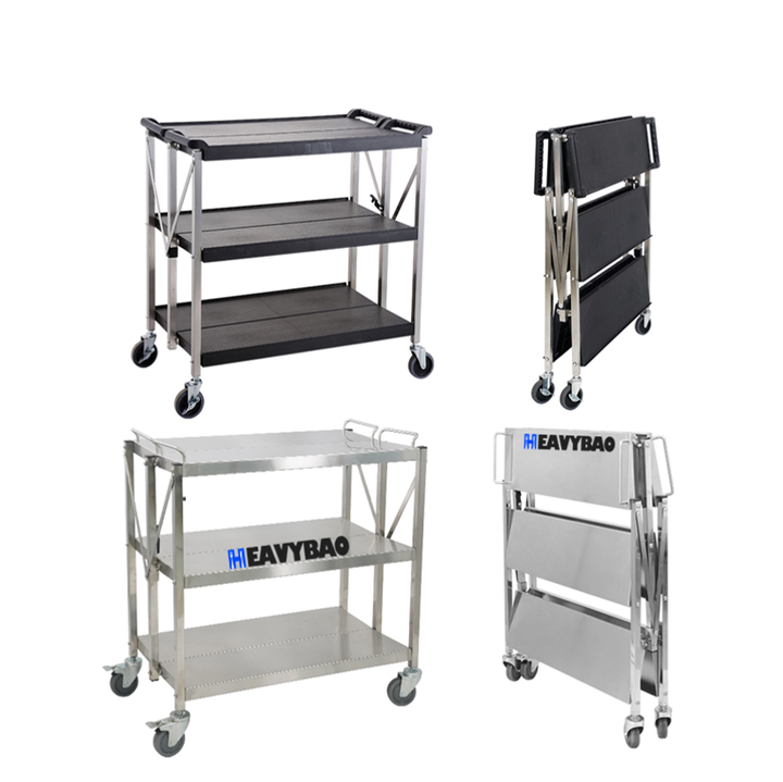 Heavybao Catering Equipment Stainless Steel Foldaing Serving Trolley Cart Strong Tube Used In Restaurant Global Wholesale Market Operations
