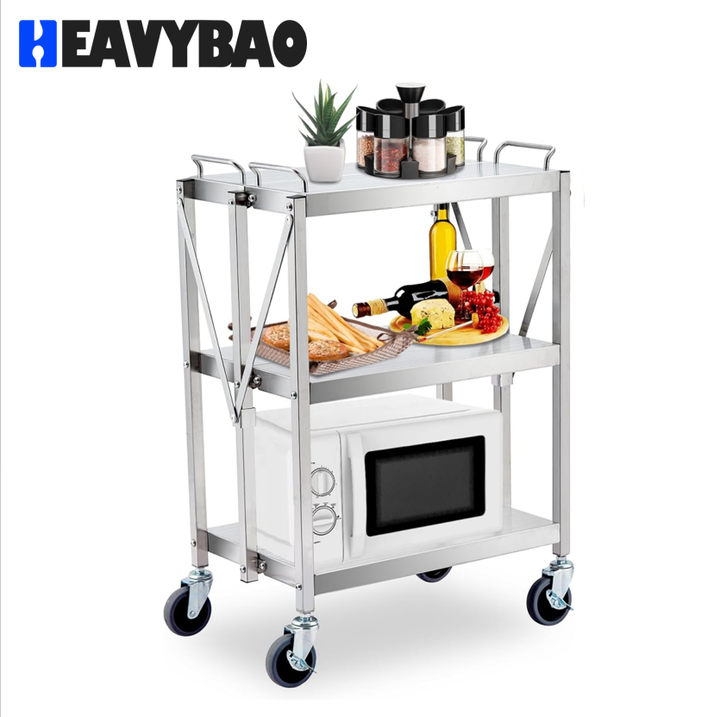 Heavybao Catering Equipment Stainless Steel Foldaing Serving Trolley Cart Strong Tube Used In Restaurant Global Wholesale Market Operations