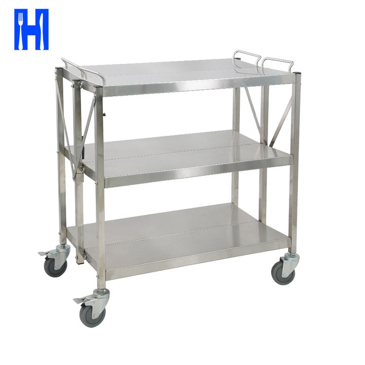 Heavybao Catering Equipment Stainless Steel Foldaing Serving Trolley Cart Strong Tube Used In Restaurant Global Wholesale Market Operations