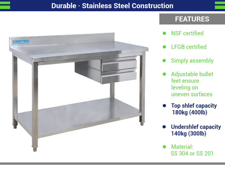 Heavybao Commercial Catering Kitchen Equipment Hotel Stainless Steel Work table Workbench With Removable Drawers