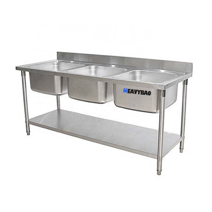 Heavybao Commercial Hot Selling Triple Bowl Kitchen Sink Table/Working Table With Sink/Sink Table With Under Shelf