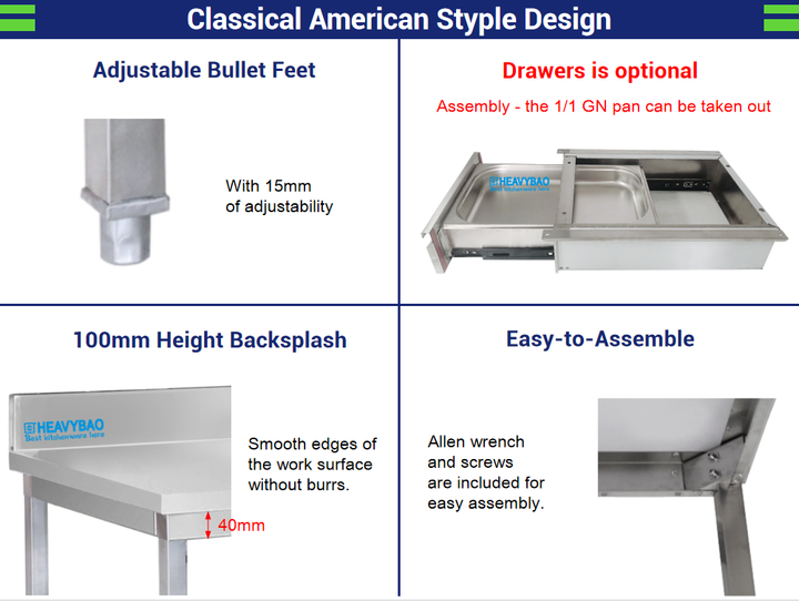 Heavybao Commercial Kitchen Equipment Hotel Match GN1/1-100 Stainless Steel Worktable With Removable Drawers