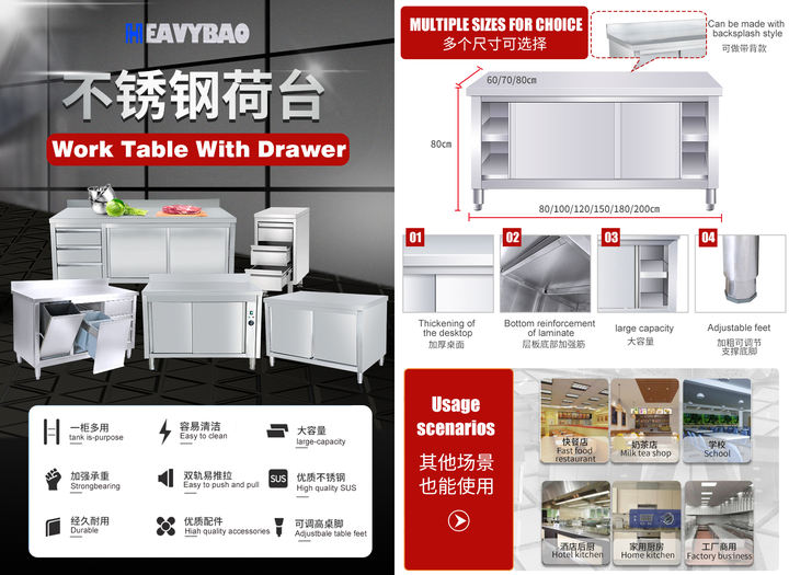 Heavybao Restaurant Commercial Kitchen Equipment Stainless Steel Hot Cupboard Kitchen Worktable Cabinet Kitchen Cupboard