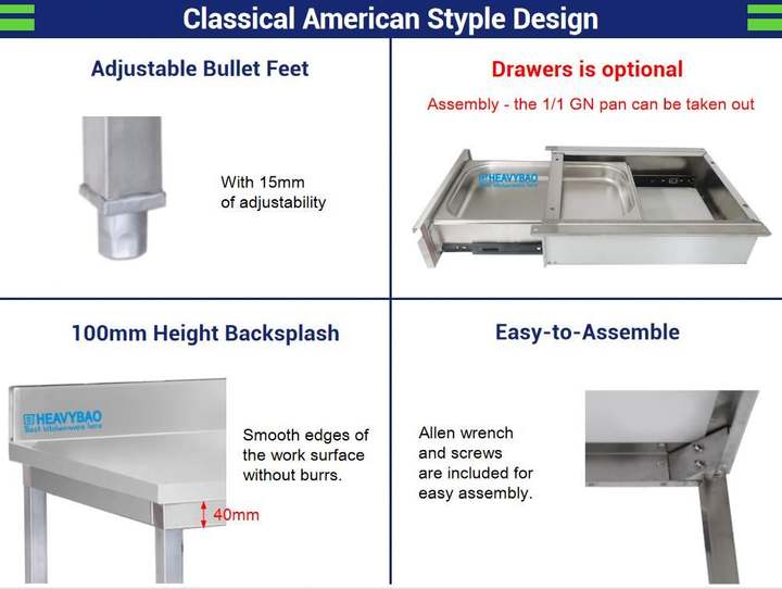 Heavybao kitchen equipment stainless steel food prep folding foldable worktable workbench China Wholesale Factory