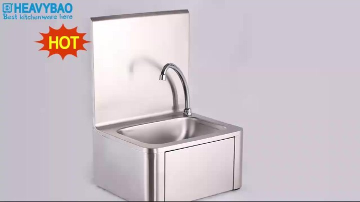 Wall Mounted Silver knee push operated hand wash sink basin with soap dispenser for commercial kitchen and hospital