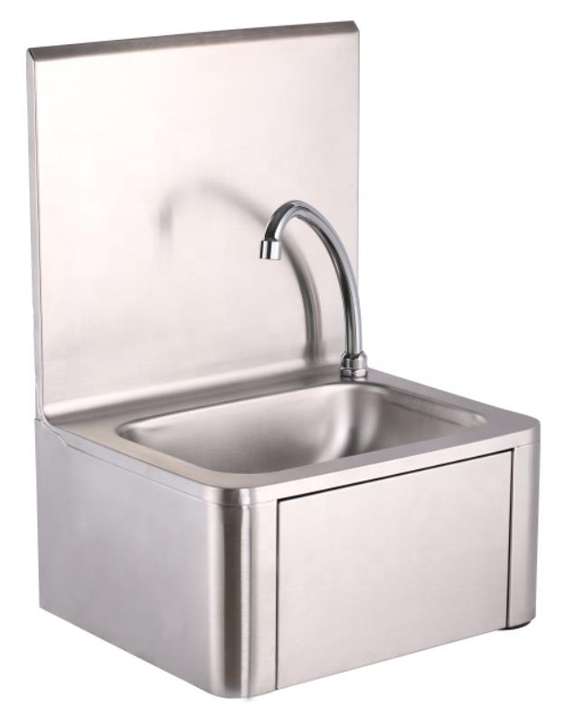 Wall Mounted Silver knee push operated hand wash sink basin with soap dispenser for commercial kitchen and hospital