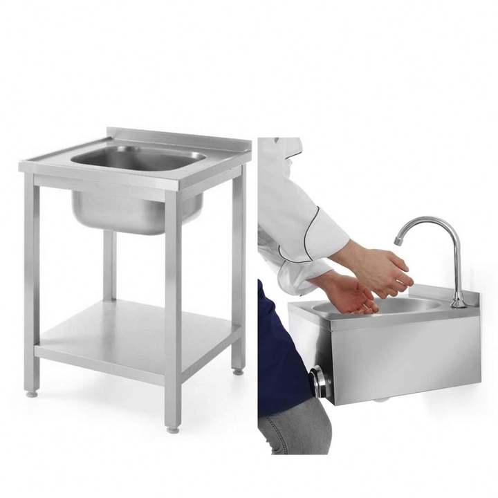 Wall Mounted Silver knee push operated hand wash sink basin with soap dispenser for commercial kitchen and hospital