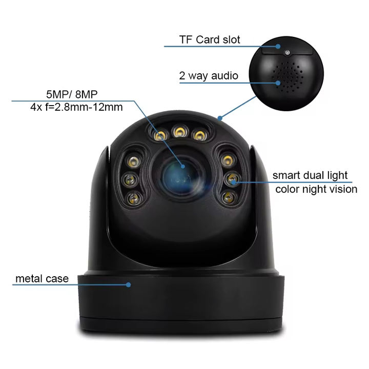 8MP Outdoor Metal IP66 Waterproof Dome Camera 4x Zoom 40m IR Two-Way Audio POE 4K PTZ Camera Color Night Direct from Factory