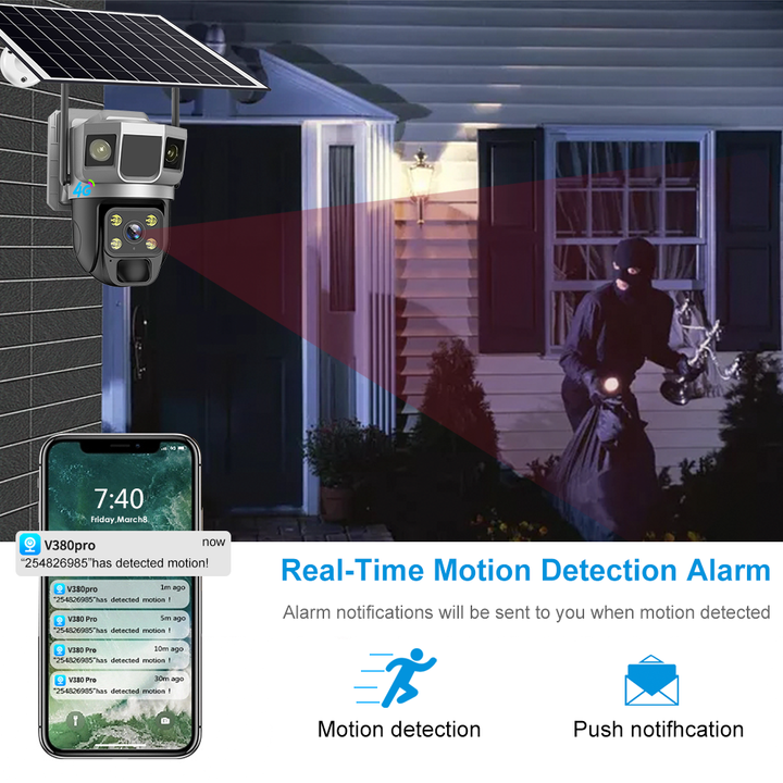 Cheapest V380 Pro APP 3.0Megapixels Solar Power Battery Double lights IP Pan&Tilt 4G sim card AOV(Always On Video)Camera Export-Oriented Factory Solutions